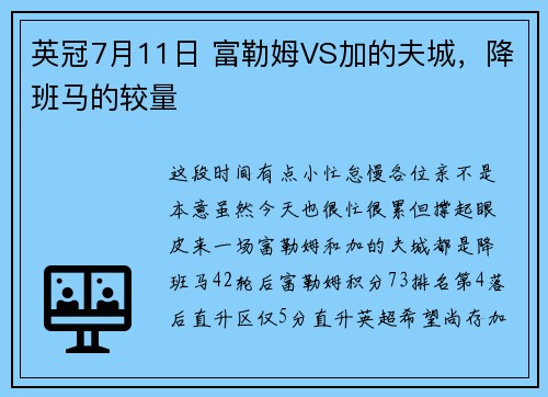 英冠7月11日 富勒姆VS加的夫城，降班马的较量
