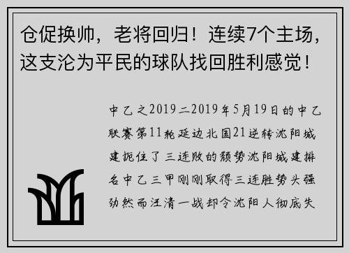 仓促换帅，老将回归！连续7个主场，这支沦为平民的球队找回胜利感觉！请看延边职业足球风云录（连载59）