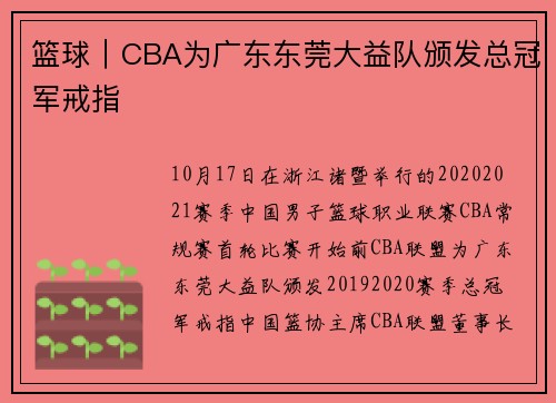 篮球｜CBA为广东东莞大益队颁发总冠军戒指